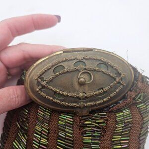 RARE Antique Brass Glass Inlay Mirror Handbag Frame Beaded For Repair